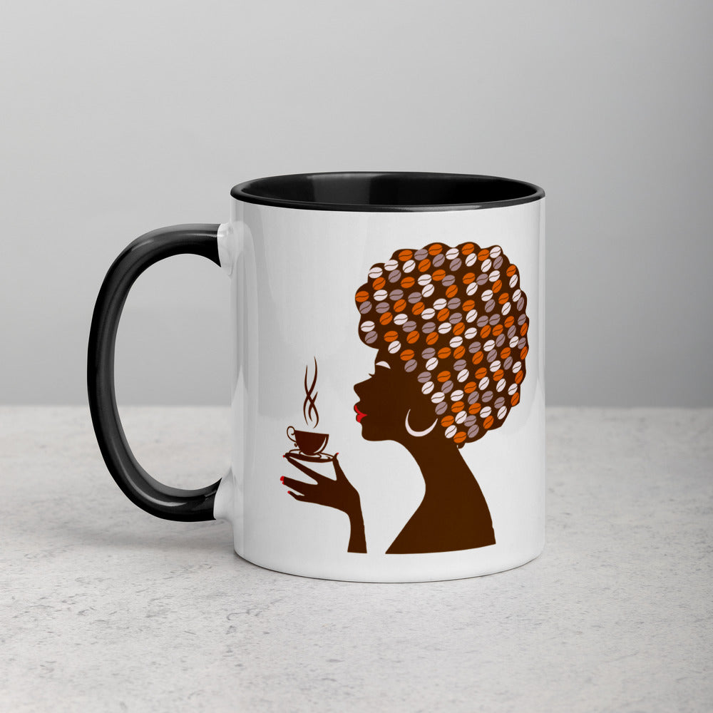 Woman with afro holding coffee cup on mug