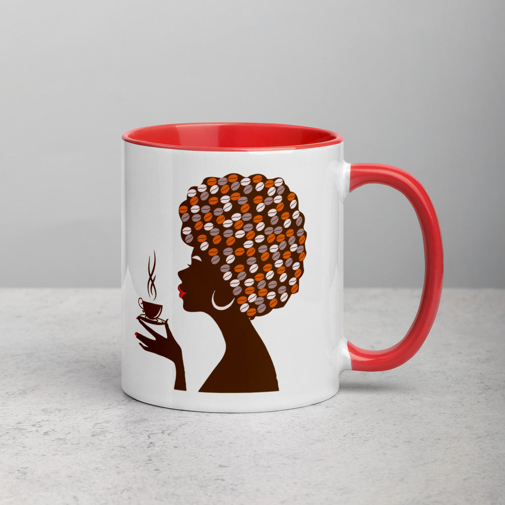 Woman with afro holding coffee cup on mug