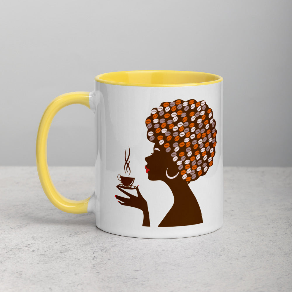 Woman with afro holding coffee cup on mug