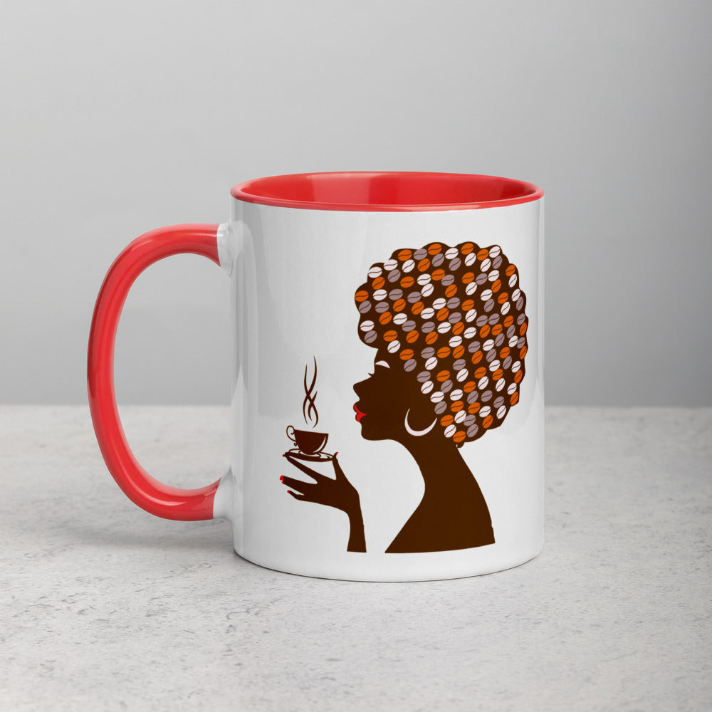Woman with afro holding coffee cup on mug