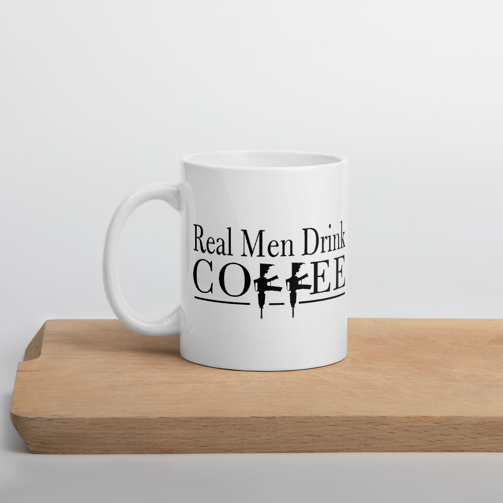 White Mug with Text on wood against white background