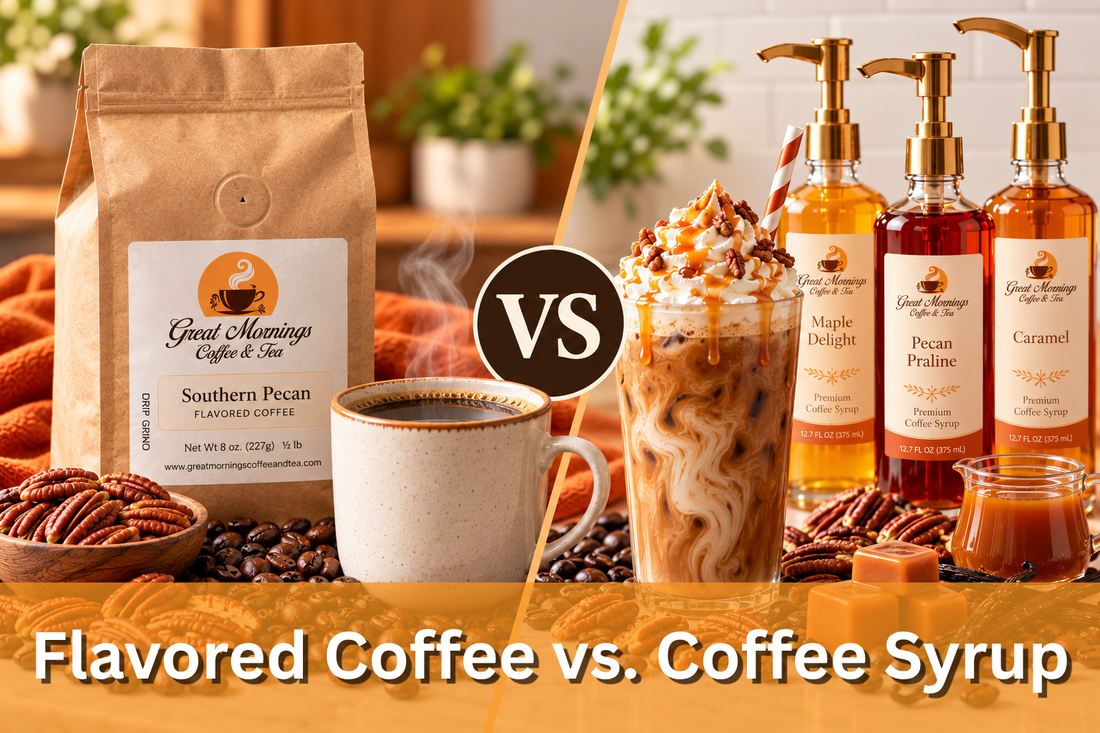 Flavored Coffee vs. Coffee Syrup comparison featuring Great Mornings Coffee & Tea Southern Pecan flavored coffee, a steaming mug, coffee beans, and pecans alongside an iced caramel coffee and flavored syrup bottles.