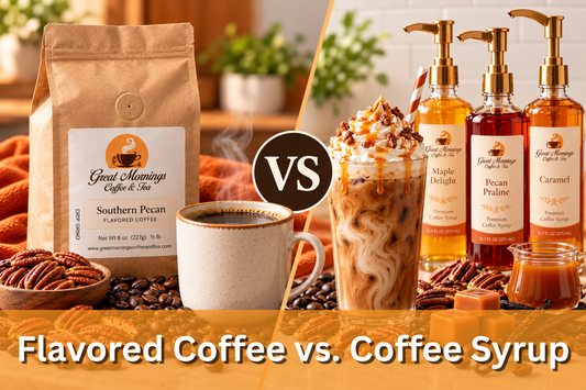 Flavored Coffee vs. Coffee Syrup comparison featuring Great Mornings Coffee & Tea Southern Pecan flavored coffee, a steaming mug, coffee beans, and pecans alongside an iced caramel coffee and flavored syrup bottles.