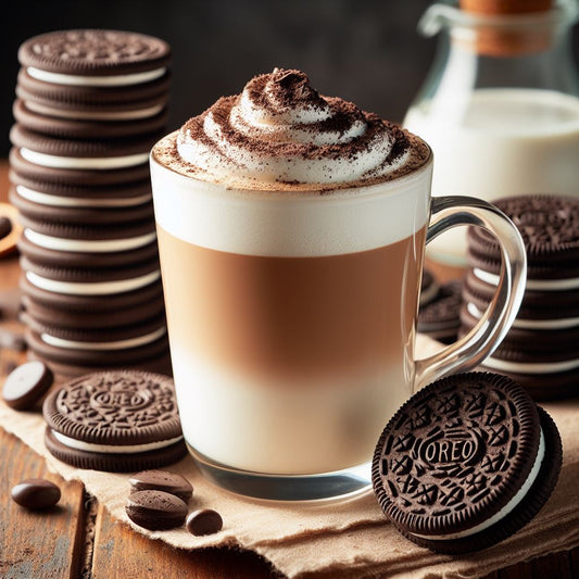 Creamy Oreo mocha latte topped with whipped cream and crushed Oreo cookies beside chocolate coffee beans