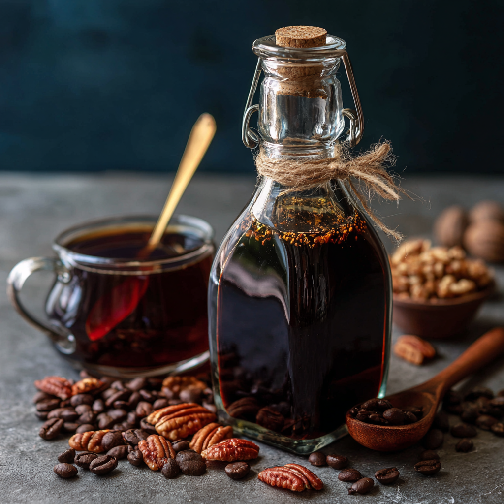 Homemade maple pecan coffee syrup in a glass bottle with toasted pecans and a cup of coffee on a darker background