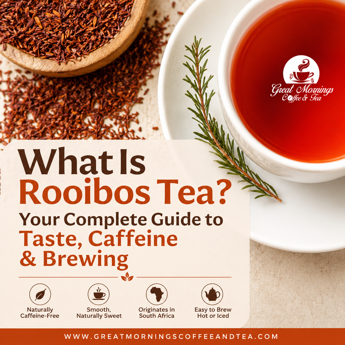 Illustrated hero image for a guide explaining what rooibos tea is, featuring a cup of red rooibos tea, loose rooibos leaves, and educational text highlighting its naturally caffeine-free character, South African origin, smooth flavor, and brewing tips.
