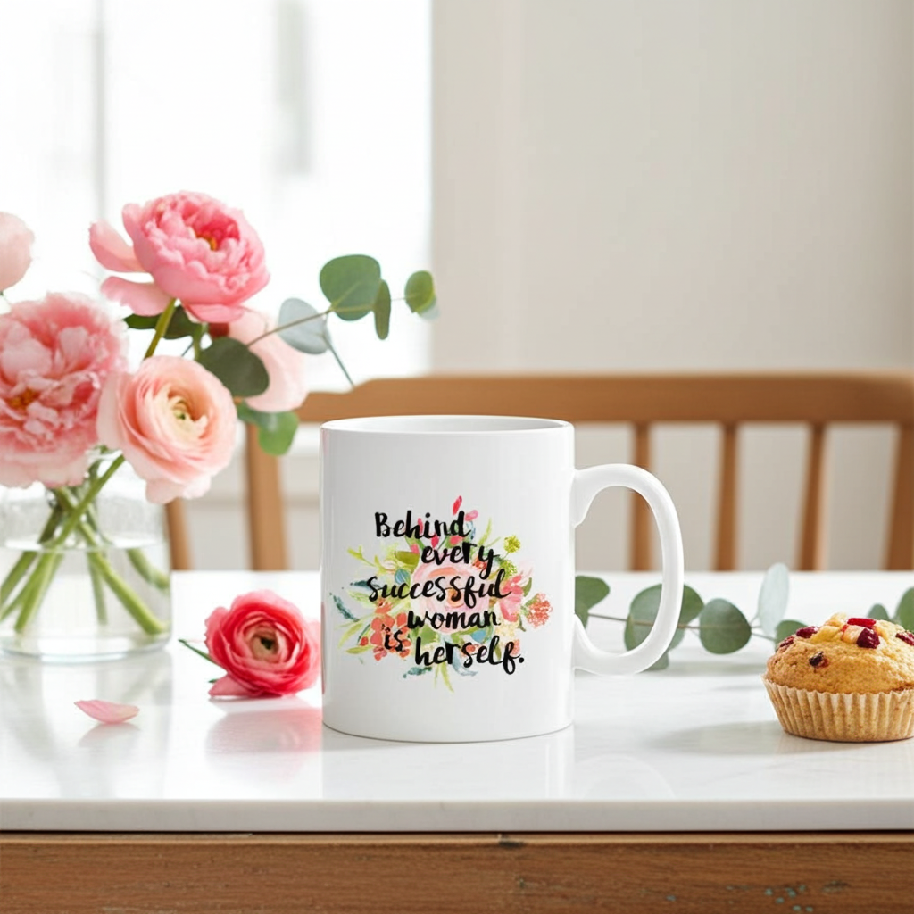 A white ceramic mug with the printed quote 'Behind every successful woman is herself' in black script, surrounded by a watercolor floral design. The mug is styled on a white table with pink roses, a pink rose, and a muffin in a kitchen setting.