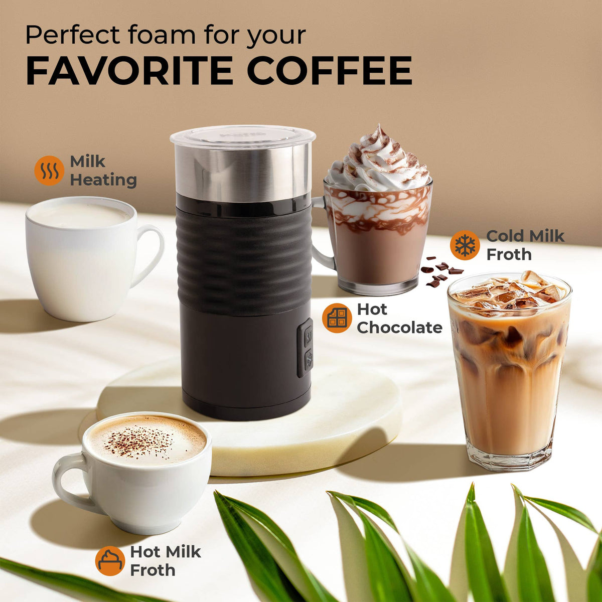 Kaffe hot and cold milk frother for home coffee drinks
