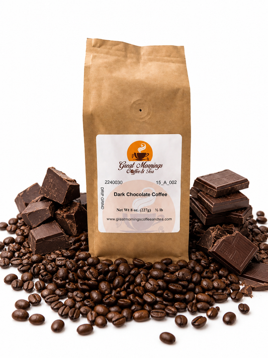 Brown paper bag of 'Dark Chocolate Coffee' with chocolate pieces and coffee beans on a white background