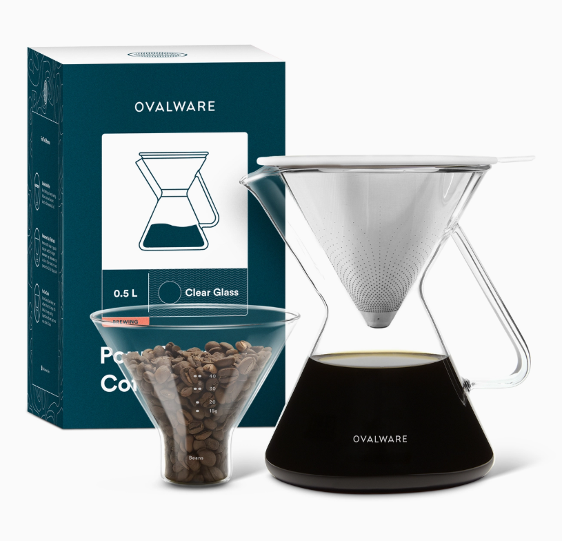 Ovalware coffee brewing set with packaging on a white background