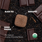 Chocolate earl grey tea drop surrounded by with tea leaves and chocolate with labeled ingredients on a dark background