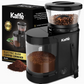 Kaffé electric burr coffee grinder in black, shown with its retail box, coffee beans in the upper chamber, ground coffee in the lower chamber, and a small pile of coffee beans and grounds on a white background.