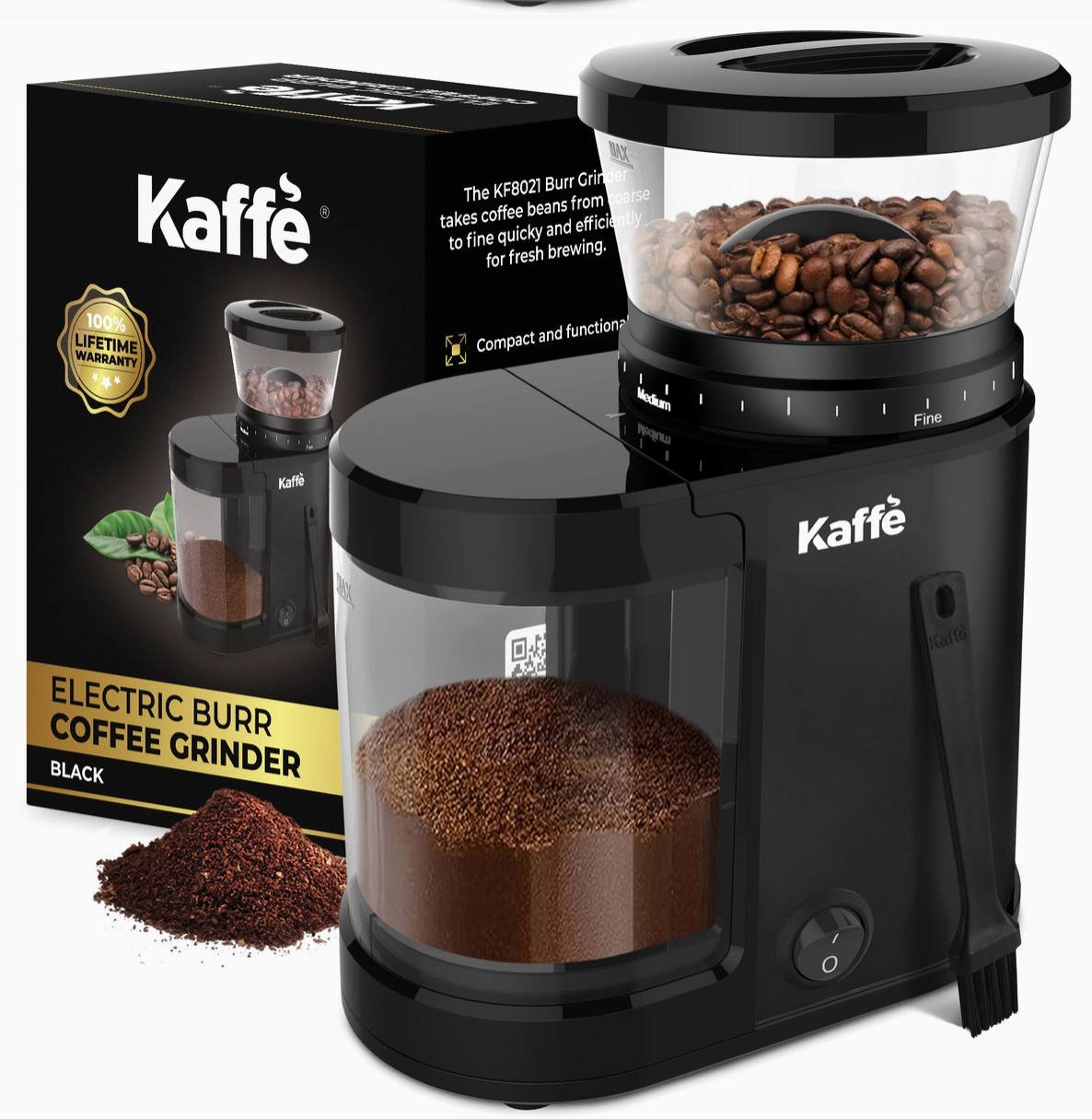 Kaffé electric burr coffee grinder in black, shown with its retail box, coffee beans in the upper chamber, ground coffee in the lower chamber, and a small pile of coffee beans and grounds on a white background.