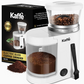 White Kaffé electric burr coffee grinder with a clear bean hopper filled with coffee beans, a clear bean hopper filled with ground coffee, a black cleaning brush, and the product packaging box in the background.