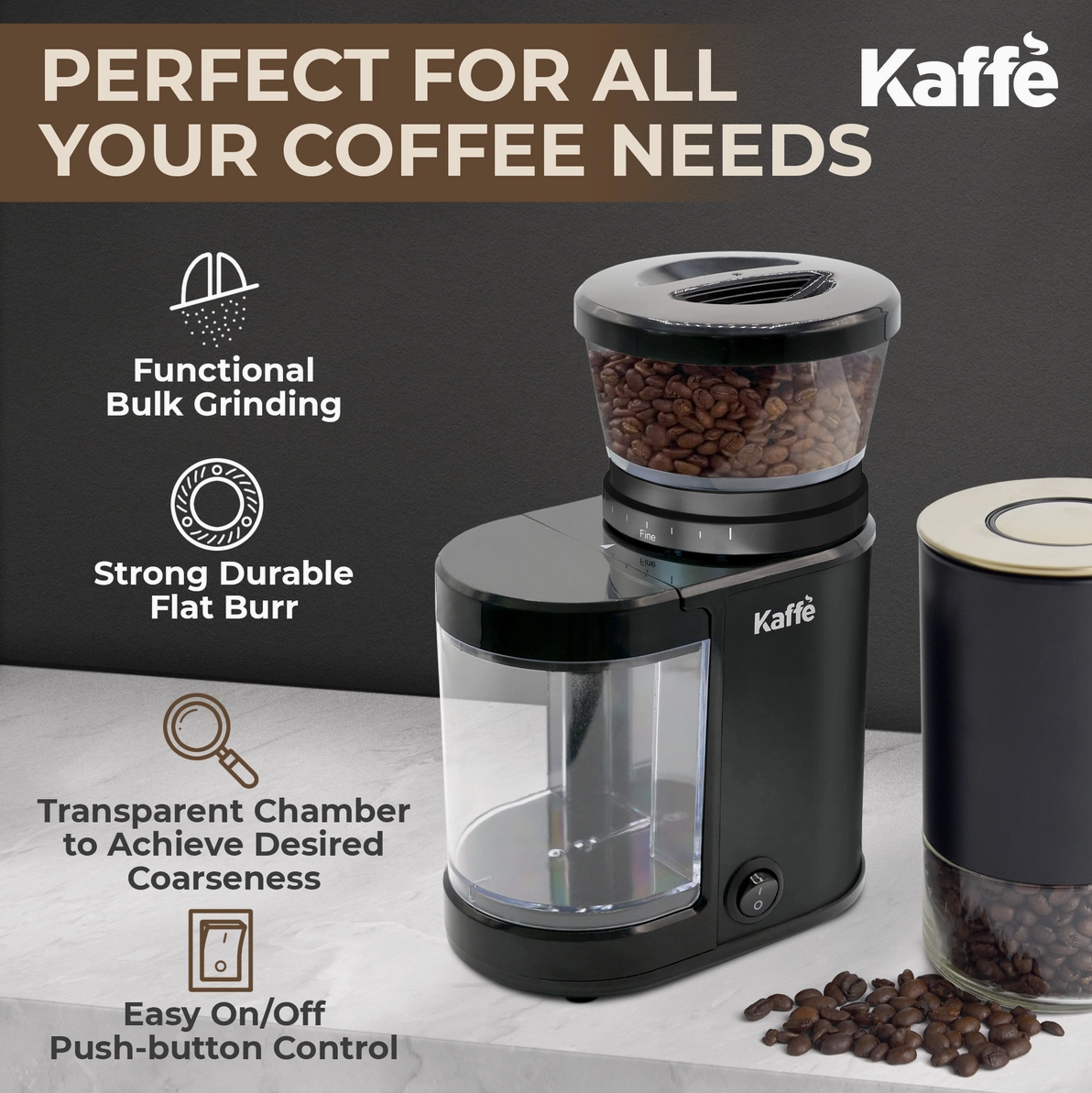 Kaffe coffee grinder with coffee beans on a gray surface and black background