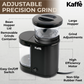 A black Kaffé adjustable precision coffee grinder with callout labels pointing to features such as the bean hopper lid, large hopper, grind adjustments, high efficiency motor, non-slip rubber feet, and removable grinds container.