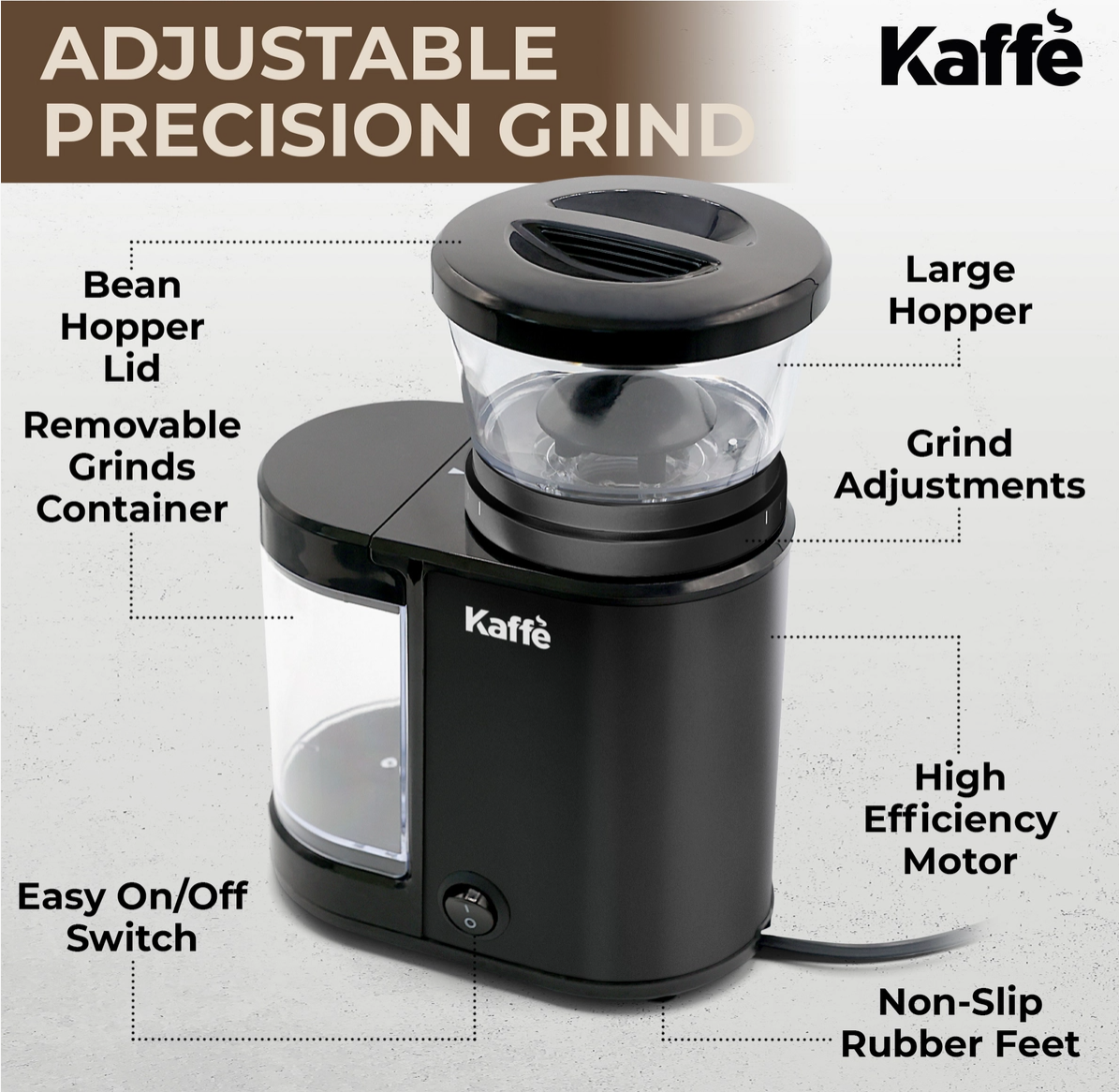 A black Kaffé adjustable precision coffee grinder with callout labels pointing to features such as the bean hopper lid, large hopper, grind adjustments, high efficiency motor, non-slip rubber feet, and removable grinds container.