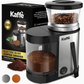 Kaffé electric burr coffee grinder with stainless steel body, black plastic housing, clear bean hopper filled with coffee beans, and clear ground-coffee hopper filled with brewed coffee. The product is shown alongside its black retail box, with two small color swatches at the bottom left.