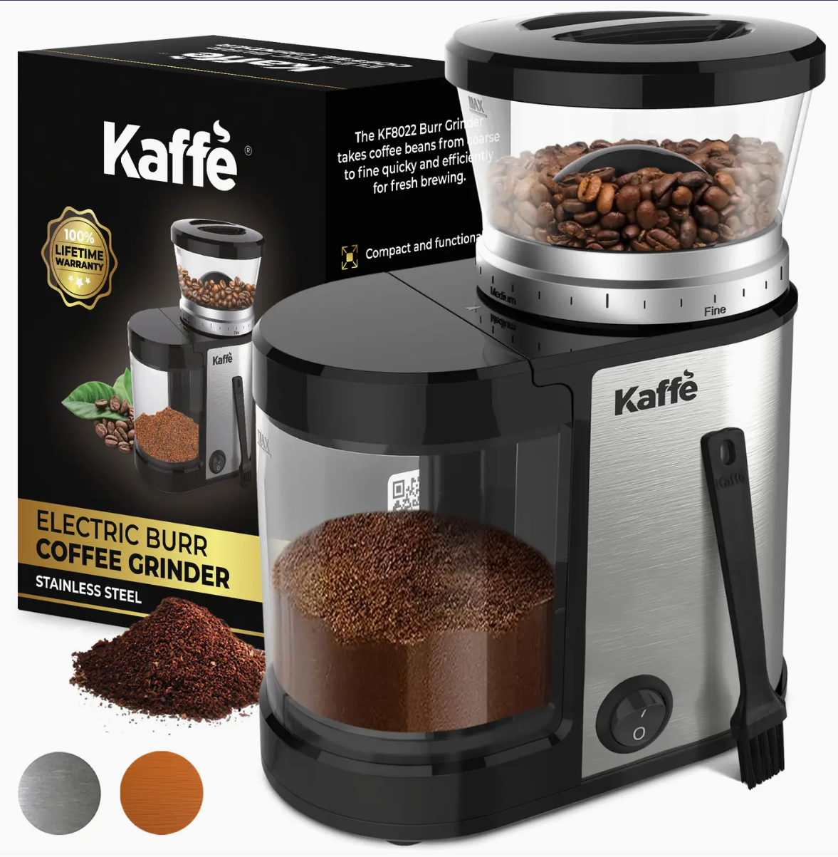 Kaffé electric burr coffee grinder with stainless steel body, black plastic housing, clear bean hopper filled with coffee beans, and clear ground-coffee hopper filled with brewed coffee. The product is shown alongside its black retail box, with two small color swatches at the bottom left.
