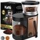 Kaffé electric burr coffee grinder in copper and black, shown with its retail box, coffee beans in the hopper, ground coffee, and two color swatches on a white background.