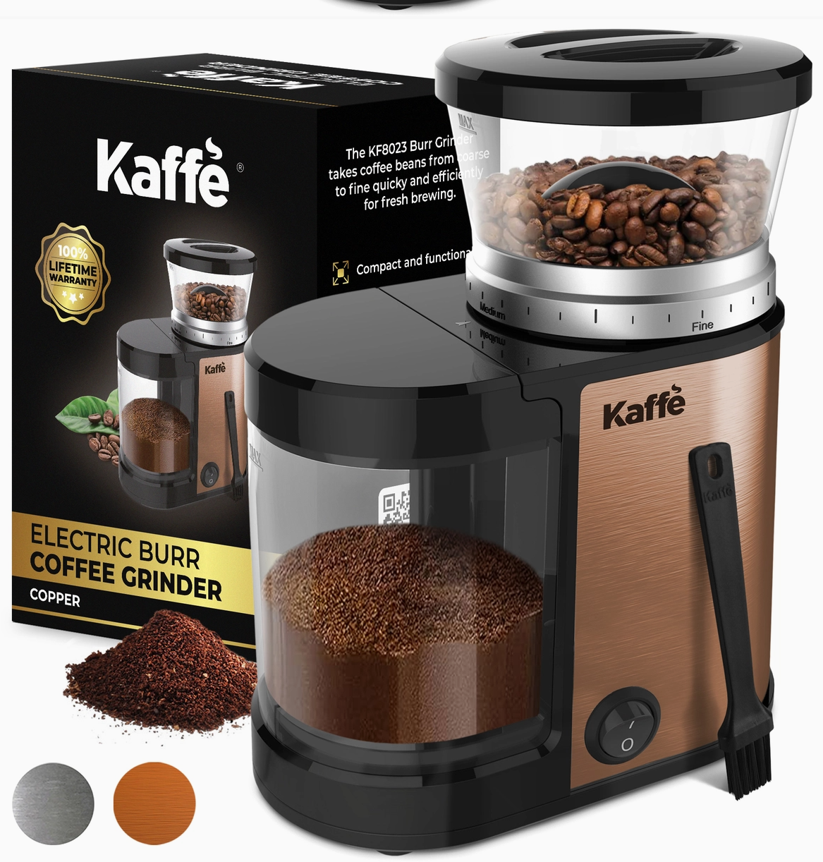 Kaffé electric burr coffee grinder in copper and black, shown with its retail box, coffee beans in the hopper, ground coffee, and two color swatches on a white background.
