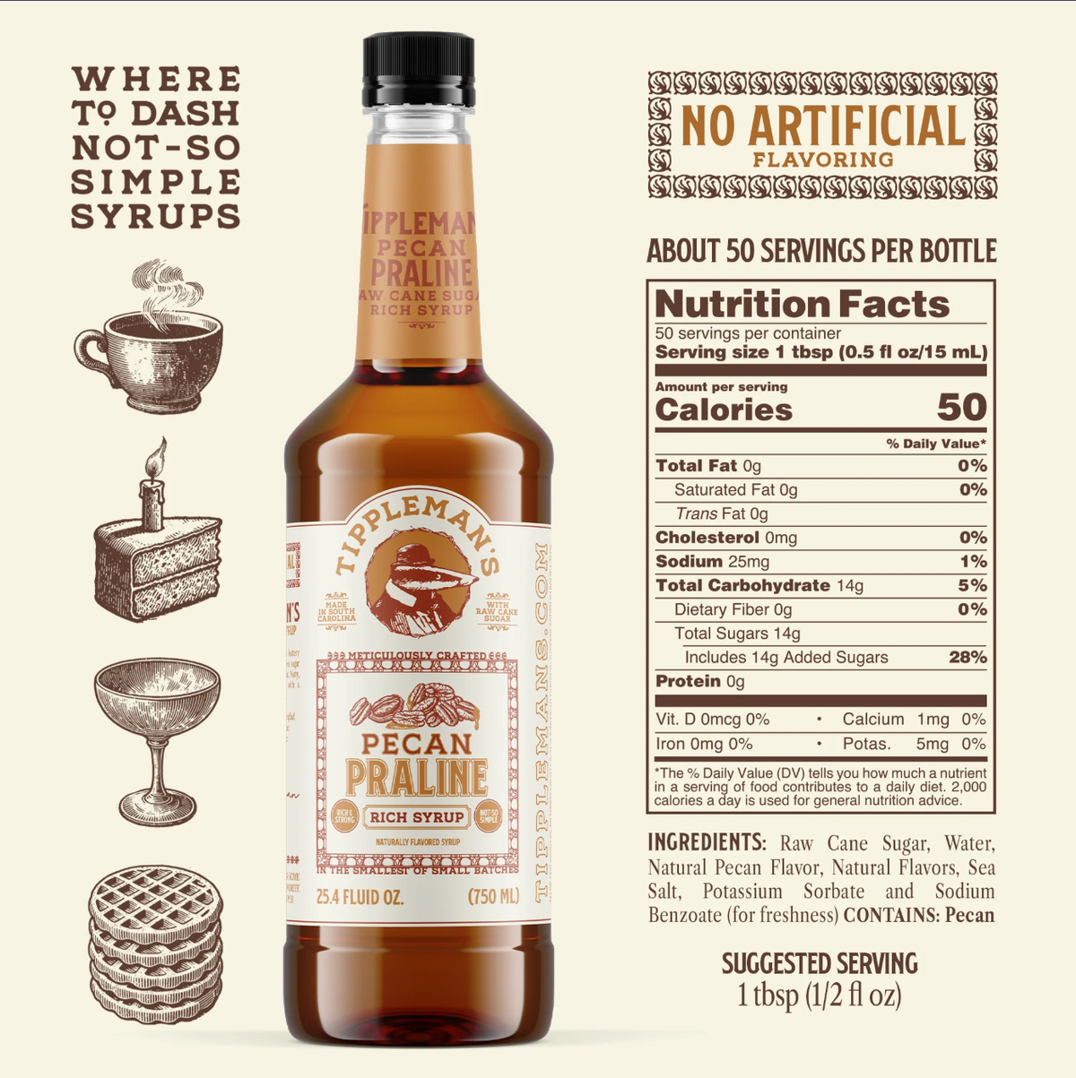 A bottle of Tippleman's Pecan Praline Syrup centered on a cream background, with flavor and nutrition callouts, ingredient text, and decorative illustrations of coffee cups and scales.