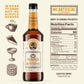 A bottle of Tripleman's Pumpkin Brulee Rich Syrup centered on a cream background, with illustrated cups, ingredient text, and a nutrition facts panel around it.