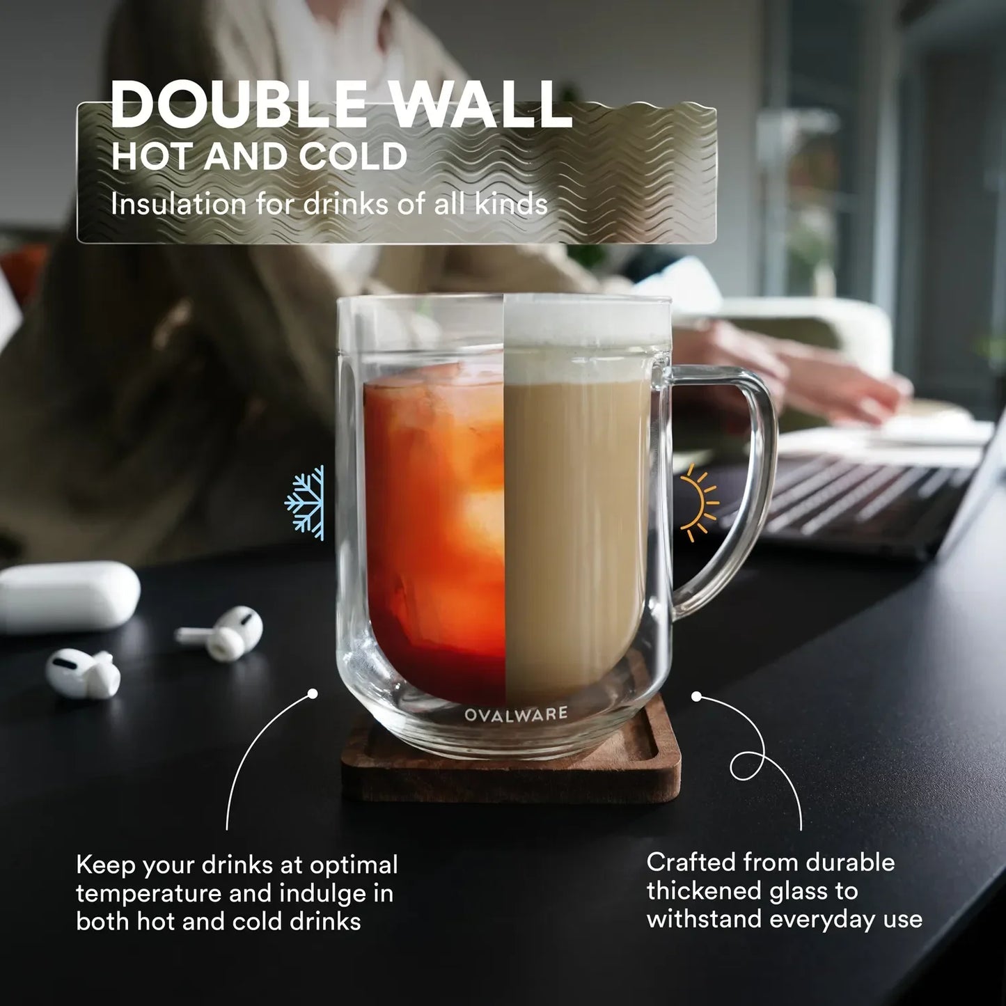 Ovalware Double Wall Glass Mug Set | 17 oz (Set of 2)