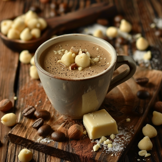Here's an ALT text for the image:  A photo of a creamy hot beverage in a speckled ceramic cup, garnished with white chocolate pieces and macadamia nuts on top. The cup rests on a wooden board dusted with cocoa powder, surrounded by scattered coffee beans, nutmegs, pieces of white chocolate, and whole macadamia nuts, evoking a warm and inviting atmosphere. 