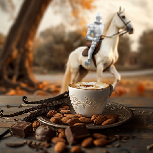 an autumnal fantasy scene with a whimsical touch. In the foreground, there's a cup of cappuccino with a creamy top on a vintage plate, surrounded by scattered almonds, vanilla beans, and pieces of dark chocolate. The background shows a blurred figure of a knight in shining armor on a white horse amidst a backdrop of golden autumn leaves. The overall composition evokes a cozy, yet adventurous atmosphere.