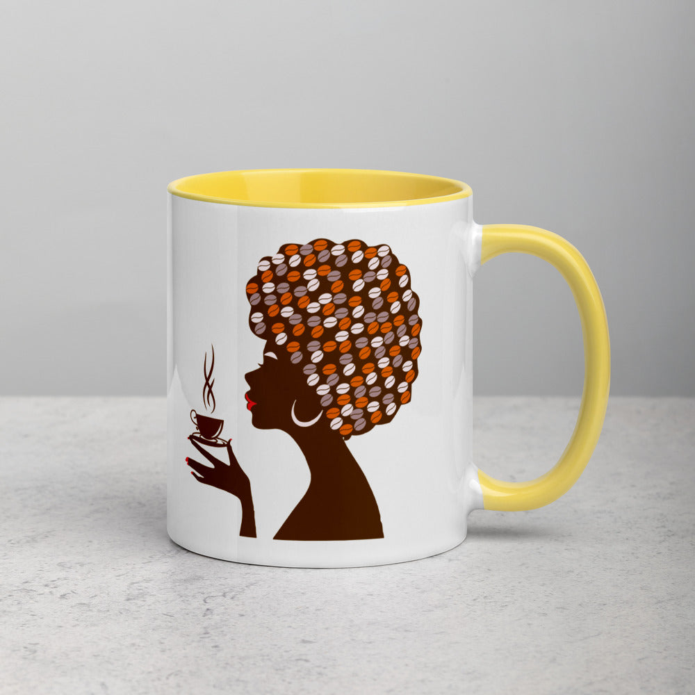 Woman with afro holding coffee cup on mug