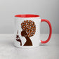 Woman with afro holding coffee cup on mug