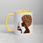 Woman with afro holding coffee cup on mug