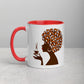Woman with afro holding coffee cup on mug