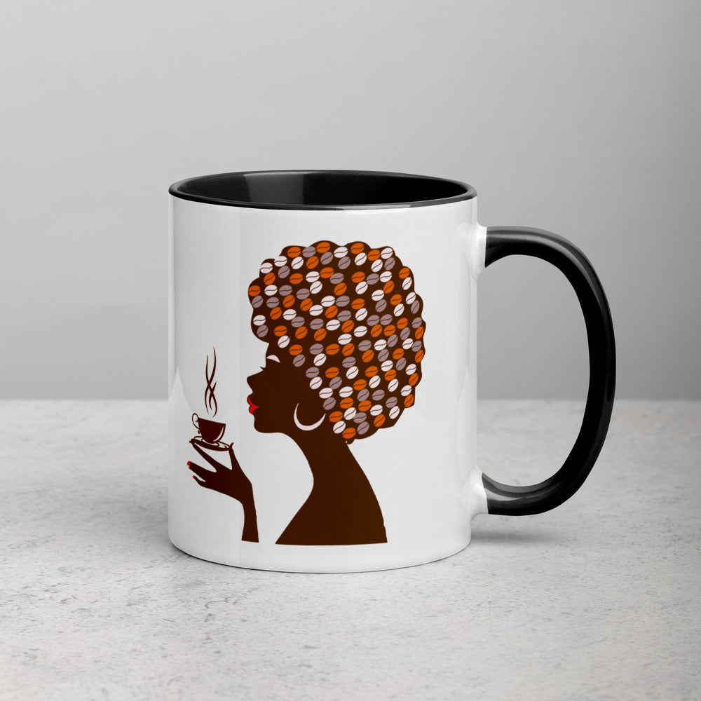 Woman with afro holding coffee cup on mug